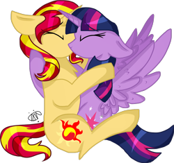 Size: 1300x1223 | Tagged: safe, artist:thepegasisterpony, sunset shimmer, twilight sparkle, twilight sparkle (alicorn), alicorn, pony, unicorn, eyes closed, female, hug, kissing, lesbian, mare, shipping, simple background, sunsetsparkle, transparent background