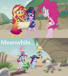 Size: 1280x1440 | Tagged: safe, derpibooru import, edit, screencap, applejack, fluttershy, pinkie pie, rainbow dash, rarity, sci-twi, sunset shimmer, tank, twilight sparkle, valhallen, watermelody, aww... baby turtles, better together, equestria girls, x marks the spot, baby turtle, beach, belly button, bikini, clothes, hat, humane five, humane seven, humane six, meanwhile, midriff, rash guard, sarong, swimsuit, treasure map