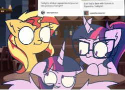 Size: 450x326 | Tagged: safe, artist:psychodiamondstar, sci-twi, sunset shimmer, twilight sparkle, twilight sparkle (alicorn), alicorn, pony, equestria girls, animated, female, gif, glasses, hilarious in hindsight, lesbian, mare, scitwishimmer, shipper on deck, shipping, smiling, sunset twiangle, sunsetsparkle, twilight the shipper, twolight