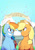 Size: 2480x3507 | Tagged: safe, artist:0ndshok, derpibooru import, applejack, rainbow dash, earth pony, pegasus, pony, bandage, bound wings, female, looking at each other, mare, rope, sky, smiling