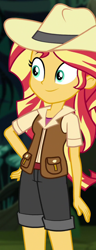 Size: 390x1012 | Tagged: safe, screencap, sunset shimmer, dance magic, equestria girls, spoiler:eqg specials, alternate costumes, clothes, cowboy hat, cropped, female, hand on hip, hat, jungle, scenery, shorts, smiling, solo