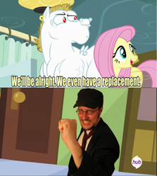 Size: 640x717 | Tagged: safe, bulk biceps, fluttershy, pegasus, pony, rainbow falls, beard, blonde, blonde mane, blonde tail, blue eyes, curtain, ear piercing, exploitable meme, female, glasses, hat, hub logo, if only, looking to side, looking to the right, male, mare, meme, nostalgia critic, open mouth, piercing, pink mane, pink tail, pose, red eyes, replacement meme, smiling, spread wings, stallion, text, white coat, wings, yellow coat