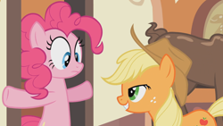 Size: 1920x1080 | Tagged: safe, screencap, applejack, pinkie pie, earth pony, pony, mmmystery on the friendship express, door, grin, lidded eyes, out of context