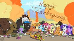 Size: 1920x1080 | Tagged: safe, artist:flavinbagel, derpibooru import, applejack, chief thunderhooves, fluttershy, little strongheart, pinkie pie, rainbow dash, rarity, spike, twilight sparkle, buffalo, dragon, earth pony, pegasus, pony, unicorn, apple, bread, corn, cornucopia, cranberry sauce, female, food, fruit, hat, male, mane six, mare, pear, pie, pilgrim hat, pilgrim outfit, thanksgiving