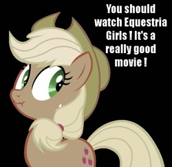 Size: 619x600 | Tagged: safe, applejack, troll, equestria girls, drama bait, equestria girls drama, fangirl, hilarious in hindsight, image macro, in-universe pegasister, liar face, liarjack, meme, scrunchy face, solo, telling lies
