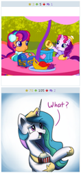 Size: 285x604 | Tagged: safe, screencap, princess celestia, scootaloo, sweetie belle, alicorn, pony, g3, g3.5, twinkle wish adventure, clothes, cookie, creepy, dexterous hooves, holding, hoof hold, implications, popcorn