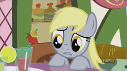Size: 500x281 | Tagged: safe, screencap, derpy hooves, pegasus, pony, slice of life (episode), animated, cute, derpabetes, discovery family, discovery family logo, female, juice, mare, solo, underp