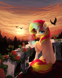 Size: 2000x2500 | Tagged: safe, artist:graypillow, sunset shimmer, bird, pony, beautiful, cup, flower, looking at you, looking back, looking back at you, magic, rose, scenery, smiling, solo, sunset, teacup