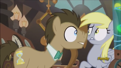 Size: 1920x1080 | Tagged: safe, screencap, derpy hooves, doctor whooves, pony, slice of life (episode), boop, bowtie, discovery family logo, male, scrunchy face, stallion, surprised