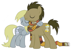 Size: 4000x2744 | Tagged: safe, artist:alejamoreno-brony, derpy hooves, doctor whooves, pony, slice of life (episode), backwards cutie mark, clothes, eyes closed, fourth doctor's scarf, hug, male, scarf, simple background, stallion, tom baker's scarf, transparent background, vector