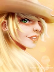 Size: 768x1024 | Tagged: safe, artist:riotfaerie, applejack, human, beautiful, bust, hat, humanized, portrait, solo