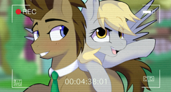 Size: 1641x884 | Tagged: safe, artist:8bitamy, derpy hooves, doctor whooves, pony, slice of life (episode), blushing, camcorder, male, necktie, stallion, waving