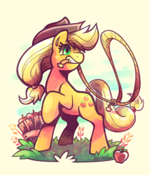 Size: 1024x1195 | Tagged: safe, artist:crayon-chewer, applejack, earth pony, pony, apple, cowboy hat, female, food, hat, lasso, mare, mouth hold, raised hoof, rope, solo