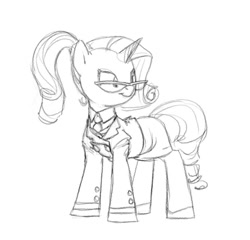 Size: 714x685 | Tagged: safe, artist:carnifex, rarity, pony, unicorn, alternate hairstyle, clothes, glasses, monochrome, sketch, solo