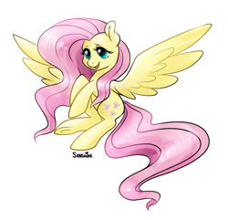 Size: 1000x965 | Tagged: safe, artist:peachiekeenie, fluttershy, pegasus, pony, flying, open mouth, smiling, solo, spread wings, underhoof