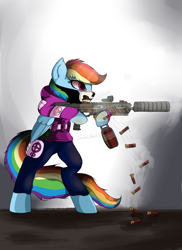 Size: 2205x3031 | Tagged: safe, artist:php97, derpibooru import, rainbow dash, pegasus, pony, bandana, bipedal, clothes, drum magazine, female, gun, hoodie, mare, medic, shooting, shotgun, solo, weapon