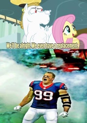 Size: 640x898 | Tagged: safe, bulk biceps, fluttershy, pegasus, pony, rainbow falls, american football, blonde, blonde mane, blonde tail, blue eyes, curtain, ear piercing, exploitable meme, female, houston texans, j.j. watt, looking to side, looking to the right, male, mare, meme, nfl, open mouth, piercing, pink mane, pink tail, red eyes, replacement meme, smiling, spread wings, stallion, text, white coat, wings, yellow coat