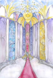 Size: 2667x3900 | Tagged: safe, artist:catseye-view, princess celestia, alicorn, pony, solo, throne room, traditional art, watercolor painting