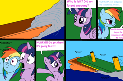 Size: 1018x670 | Tagged: safe, artist:didgereethebrony, derpibooru import, rainbow dash, twilight sparkle, twilight sparkle (alicorn), alicorn, pegasus, pony, comic:wreck of the renaissance, ship, ship sinking, sinking, sinking ship