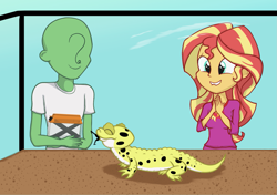 Size: 1457x1026 | Tagged: safe, artist:zharkaer, ray, sunset shimmer, oc, oc:anon, human, eqg summertime shorts, equestria girls, pet project, bad anatomy, cage, clothes, cricket (insect), cute, eating, eyes closed, gradient background, lip bite, pajamas, requested art, shimmerbetes, smiling, squee, tank (container)