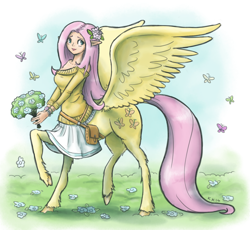 Size: 1280x1179 | Tagged: safe, artist:king-kakapo, fluttershy, butterfly, centaur, blushing, centaurshy, clothes, elf ears, female, flower, skirt, solo, sweater, sweatershy