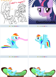 Size: 639x879 | Tagged: safe, derpibooru import, adagio dazzle, rainbow dash, sunset shimmer, pegasus, pony, derpibooru, double picture, exploitable meme, juxtaposition, juxtaposition win, meme, meta, tongue out