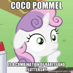 Size: 460x460 | Tagged: safe, edit, edited screencap, screencap, coco pommel, fluttershy, rarity, sweetie belle, pony, unicorn, ponyville confidential, rarity takes manehattan, female, filly, horn, image macro, meme, mind blown, solo, sudden clarity sweetie belle, text, two toned mane, white coat, wide eyes