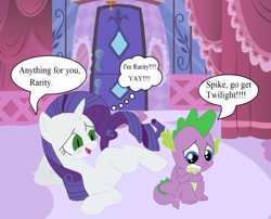 Size: 995x803 | Tagged: safe, artist:cmpony, artist:thewalrusclown, rarity, spike, pony, unicorn, body swap, dialogue, female, male, shipping, sparity, straight, thought bubble