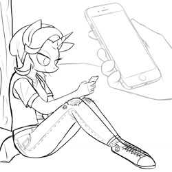 Size: 1280x1280 | Tagged: safe, artist:pj-nsfw, starlight glimmer, anthro, unguligrade anthro, beanie, converse, equestria girls outfit, female, hat, iphone, monochrome, phone, shoes, sketch, solo, tree