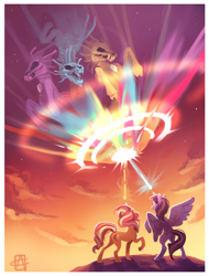 Size: 834x1098 | Tagged: safe, artist:griffsnuff, adagio dazzle, aria blaze, sonata dusk, sunset shimmer, twilight sparkle, twilight sparkle (alicorn), alicorn, pony, siren, unicorn, awesome, epic, female, fight, magic, mare, skull, sunset