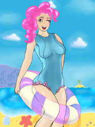 Size: 600x803 | Tagged: safe, artist:firebird145, pinkie pie, human, beach, breasts, clothes, female, humanized, one-piece swimsuit, pinkie pies, solo, swimsuit
