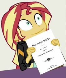 Size: 610x720 | Tagged: safe, edit, edited screencap, screencap, sunset shimmer, equestria girls, mirror magic, spoiler:eqg specials, also sprach zarathustra, book, faic, friedrich nietzsche, german, image macro, meme, simple background, smiling, solo, white background, wide eyes