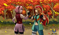 Size: 1763x1050 | Tagged: safe, artist:penspark, sunset shimmer, human, alternate hairstyle, anime, belly button, clothes, crossover, female, forest, haruno sakura, humanized, kunoichi, looking at each other, naruto, ninja, smiling, tree