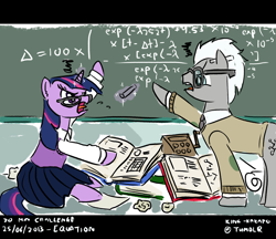 Size: 1280x1105 | Tagged: safe, artist:king-kakapo, derpibooru import, twilight sparkle, 30 minute art challenge, book, chalkboard, covalent bond, glasses, magic, math, sweater vest