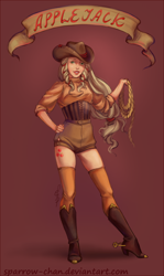 Size: 416x700 | Tagged: safe, artist:sparrow-chan, applejack, human, banner, boots, humanized, light skin, old banner, rope, solo