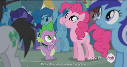 Size: 1151x610 | Tagged: safe, screencap, minuette, pinkie pie, spike, dragon, earth pony, pony, it ain't easy being breezies, all new, aweeg*, cute, hub logo, looking up, meme, nose wrinkle, open mouth, police, puffy cheeks, smiling, text, youtube caption