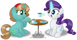 Size: 1024x535 | Tagged: safe, artist:aleximusprime, rarity, oc, oc:emerald charmer, pony, unicorn, simple background, tea, tea party, transparent background