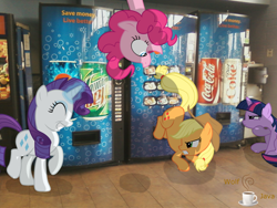 Size: 1280x960 | Tagged: safe, artist:wolfjava, applejack, pinkie pie, rarity, twilight sparkle, cans, irl, magic, photo, ponies in real life, shadow, soda, vector, vending machine, walmart