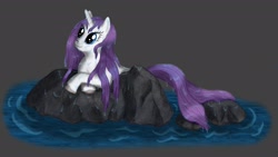 Size: 1920x1080 | Tagged: safe, artist:bluespaceling, rarity, pony, unicorn, rock, solo, wet, wet mane, wet mane rarity