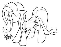 Size: 1015x788 | Tagged: safe, artist:ladynanaki, fluttershy, pegasus, pony, happy, monochrome, solo, watermark