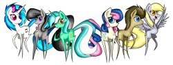 Size: 6474x2424 | Tagged: safe, artist:flamevulture17, bon bon, derpy hooves, dj pon-3, doctor whooves, lyra heartstrings, octavia melody, sweetie drops, vinyl scratch, earth pony, pegasus, pony, unicorn, slice of life (episode), background six, backwards cutie mark, female, male, mare, pointy ponies, simple background, stallion, transparent background