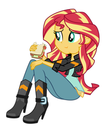 Size: 2651x3121 | Tagged: safe, artist:keronianniroro, sunset shimmer, equestria girls, clothes, eating, female, food, jacket, leather jacket, pants, sandwich, simple background, sitting, solo, transparent background, vector