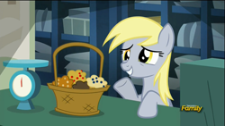 Size: 1366x768 | Tagged: safe, screencap, derpy hooves, pegasus, pony, slice of life (episode), cute, derpabetes, female, grin, i just don't know what went wrong, mare, muffin, smiling, solo, squee, waving
