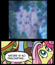 Size: 396x472 | Tagged: safe, idw, fluttershy, pegasus, pony, blue coat, blue eyes, dialogue, exploitable meme, female, fruit people, kamen rider, kamen rider gaim, looking up, mare, meme, multicolored tail, nature is so fascinating, obligatory pony, pink coat, pink mane, smiling, speech bubble, wings, yellow coat