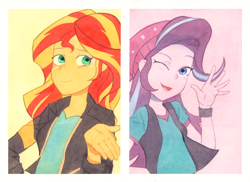 Size: 1880x1365 | Tagged: safe, artist:tyantyai_mokka, starlight glimmer, sunset shimmer, equestria girls, clothes, duo, jacket, leather jacket, looking at you, one eye closed, traditional art, watercolor painting, waving, wink