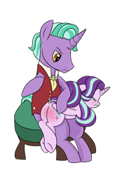Size: 704x1070 | Tagged: safe, artist:munchypony, firelight, starlight glimmer, pony, unicorn, abuse, blushing, clothes, crying, discipline, eyes closed, father and child, father and daughter, female, glimmerbuse, male, parent and child, plot, punishment, simple background, spank mark, spanking, stool, transparent background, underhoof