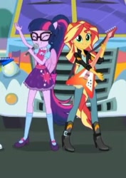 Size: 305x431 | Tagged: safe, screencap, sci-twi, sunset shimmer, twilight sparkle, eqg summertime shorts, equestria girls, get the show on the road, boots, clothes, eyes closed, geode of empathy, geode of telekinesis, glasses, guitar, high heel boots, jacket, magical geodes, mary janes, microphone, pants, ponied up, ponytail, scitwilicorn, shoes, skirt, smiling, socks, wings