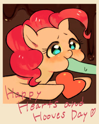 Size: 567x709 | Tagged: dead source, safe, artist:hotomura, pinkie pie, earth pony, pony, female, heart, hearts and hooves day, hoof in mouth, mare, no pupils, pixiv, polaroid