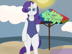 Size: 1600x1200 | Tagged: safe, artist:twalot, rarity, pony, unicorn, beach, bipedal, clothes, looking at you, school swimsuit, solo, swimsuit