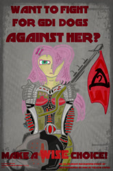 Size: 1087x1649 | Tagged: safe, artist:lunarinitiate, fluttershy, human, brotherhood of nod, command and conquer, global defense initiative, humanized, pony coloring, poster, propaganda, solo